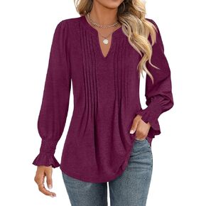 Ficerd Women's Long Sleeve Tunic Tops Ruffle Sleeve V Neck Pleated Puff Shirts Dressy Casual Loose Fall Winter Blouses in Kuwait