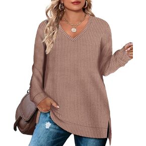 RITERA Plus Size Women Sweaters Waffle Knit Pullover Top Long Sleeve Casual Crewneck Shirt Loose Split Hem Fall Winter Blouse