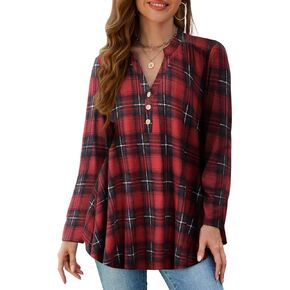 MONNURO Plus Size Women's Fall Tops V-Neck Pleated Long Sleeve Button-Down Shirts