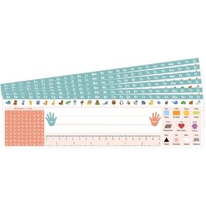 Phyxin 60PCS Desk Nameplates for Classroom, Waterproof & Reusable Traditional Manuscript Name Plates, Desk Name Tag with Alphabet, Number Line, Ruler (7.9" x 3.1")