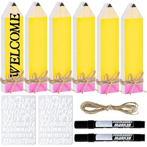 Whaline 11Pcs Pencil Teacher Name Plates Set Pencil Name Signs English Letter Template Marker Pen and Rope Back to School Personalized Name Plate Blank Wooden Desk Sign for School Classroom Decor