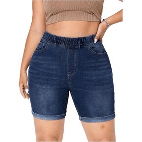 Floerns Women's Plus Size Elastic Waist Roll Hem Skinny Denim Shorts with Pocket