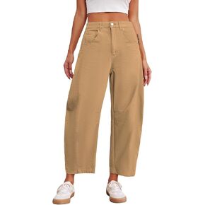 Cicy Bell Womens Baggy Barrel Horseshoe Pants Casual Wide Leg Mid Rise Cropped Pants with Pockets