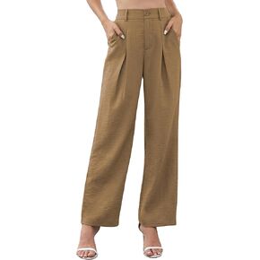 QUEZHU Women's Fall Straight Leg Pants Elastic Waisted in The Back Business Casual Trousers Long Wide Pants Trendy 2024