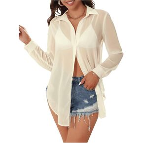 SweatyRocks Women's Long Sleeve See Through Button Down Shirt Slit Mesh Blouse Top