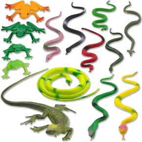 Pinowu 14pcs Realistic Rubber Forest Snake Animals, 1 Lizard + 4 Frog Toys + 9 Fake Snakes 4" to 35", Assorted Colorful Animal Toys for Boy Girl Garden Prank Prop Scare Birds Halloween Party Favors