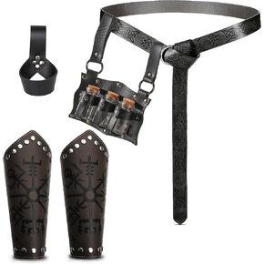 Mens Viking Medieval Belt and Bracers Accessories, Renaissance Potion Bottle with Holder Sword Belt Halloween Costume