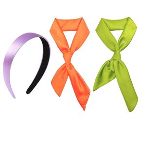 XHBTS Costume Women Purple 1 Inch Wide Satin Headband and Green Silk Square Scarf Pure Color Head Scarf for Cosplay Party Set