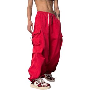 OYOANGLE Men's Baggy Cargo Pants Elastic Drawstring Waist Flap Pocket Y2K Hip Hop Trousers