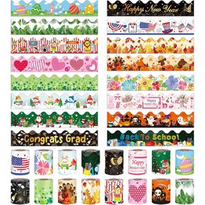 ADXCO 16 Rolls 525 Feet Bulletin Board Borders Decorative Board Trims Blackboard Border Winter Seasonal Borders in 16 Designs for School, Classroom Decoration