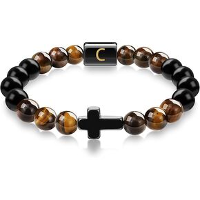 SOOWOOT Tigers Eye Bracelet Natural Stone Beads, mens bracelet, Cross Bracelet for Men, Initial Bracelet, Christian Gifts for Men