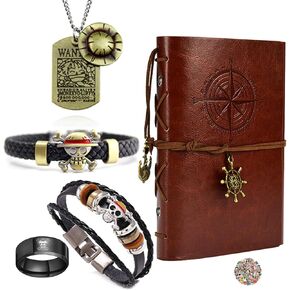 Straw Hat Vintage PU Leather Nautical Notebook Luffy Pirate Skull Necklace Anime Zoro Cosplay Jewelry Accessories With Cartoon Stickers 15 Pcs