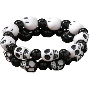 Skeleton Skull Head Bracelets Set Colorful Skull Bracelets Pumpkin Skull Bracelets Tibetan Prayer Bone Bead Strand Bracelets Gothic Punk Halloween Jewelry for Man Women