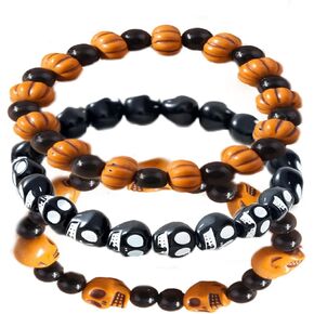 Skeleton Skull Head Bracelets Set Colorful Skull Bracelets Pumpkin Skull Bracelets Tibetan Prayer Bone Bead Strand Bracelets Gothic Punk Halloween Jewelry for Man Women