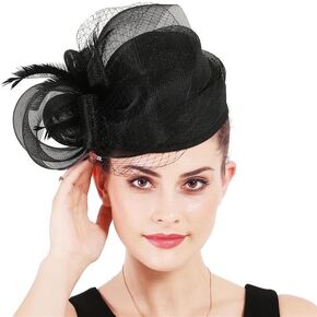 F FADVES Women Sinamay Fascinator Hat Floral Feather Pillbox Derby Hats with Veil and Clips