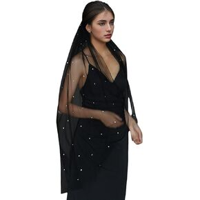 PURFUN Gothic Black Long Veil with Sequins/Rhinestons/Pearls, 1 Tier Wedding Bridal Veil Halloween Costume Veil with Comb