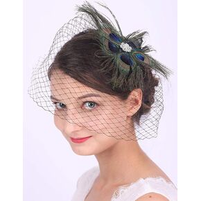 Teyglen 1920s Headpiece Peacock Flapper Feather Headband with Black Veil Feather Crystal Fascinator Feather Headpiece Roaring 20s Hair Accessories for Women Girl(Style 3)
