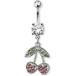 14GA 316L Stainless Steel CZ Crystal Pink Cherries Dangling Belly Button Ring