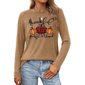 Thanksgiving Shirt for Women: Thankful Greatful Blessed Shirts Fall Pumpkin Long Sleeve Tops