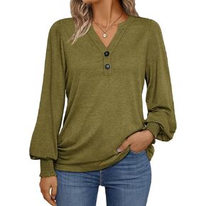 AUTOMET Womens Long Sleeve Shirts V Neck Button Tops Fall Outfits Casual Basic Fashion Blouse Loose Comfy Winter Clothes 2024