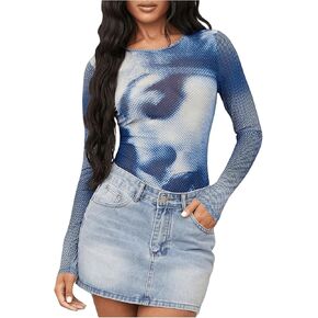 Women's Graphic Printed Long Sleeve Leotard Round Neck Slim Fit Bodysuit