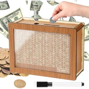 $10,000 Savings Challenge Box, Cash Vault Wooden Money Saving Box, Coin Counter Piggy Bank,Reusable Money Box with Counte for Coins and Cash Savings Goal $10000 Best Gift for Friends(tfmoneybank01)