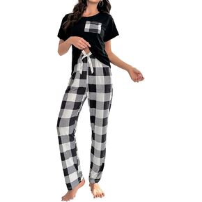 Hilinker Women Plaid Pajama Set Short Sleeve Top with Pants Sleepwear 2 Piece Lounge Sets