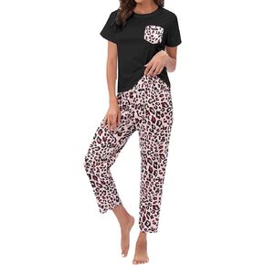 Hilinker Women Plaid Pajama Set Short Sleeve Top with Pants Sleepwear 2 Piece Lounge Sets
