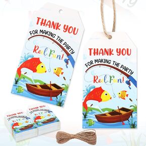 Serencatcher 50Pcs Fishing Thank You Tags, Gone Fishing Birthday Party Supplies with Making My Party Reel Fun Tags for Ofishally one First Birthday Fish He or Fish She Gender Reveal Party Decorations