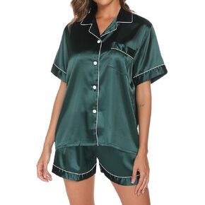 Womens Silk Pajamas Set, Button Down Pajama Set, Short Sleeve Two-piece Loungewear Sets Sleepwear Nightwear Pj Set