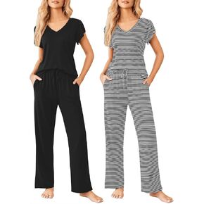 Ekouaer 2 Pack Womens Pajamas Short Sleeve Sleepwear Top with Pants Super-Soft Printed Lounge Sets S-XXL
