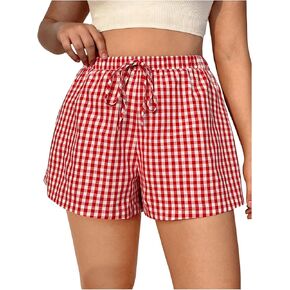 MakeMeChic Women's Plus Size Y2K Boxer Shorts Plaid Elastic Waist Drawstring Wide Leg Pajama Lounge Shorts