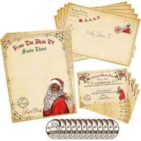 AnyDesign 25 قطعة عيد الميلاد خمر رسائل رسمية شهادات من مجموعة سانتا كلوز السوداء تشمل 5 قطع رسالة الكتابة الرجعية 5 قطع شهادة قائمة لطيفة 5 مغلفات 10 ملصقات لمفضلات الحفلات