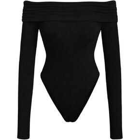 MakeMeChic Women's Casual Off Shoulder Ribbed Knit Long Sleeve Bodysuit Tee Shirts Leotard Tops