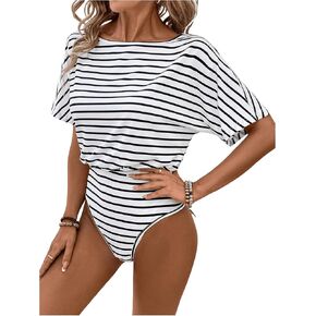 Women's Striped Print Bodysuit Shirt Boat Neck Short Sleeve Summer Tops