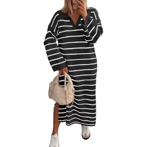 MEROKEETY Women's 2024 Long Sleeve Striped Sweater Dress V Neck Collared Slit Casual Knit Maxi Dresses
