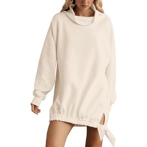 Women Hollow Out Hooded Mini Dress Mock Neck Side Slit Knot Sweatshirt Dresses Elastic Hem Pullover Mini Dress