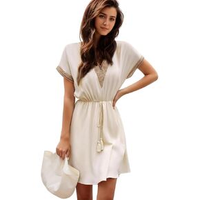 Women Lace Decoration Midi Dress V Neck Tassel Belt Elastic Waistband Short Sleeve Spring Summer Casual Dresses