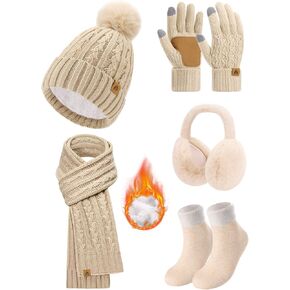 HEEKPEK Women Winter Hat Long Scarf Touchscreen Gloves Earmuff Socks 5 in 1 Set Knit Fleece Lined Beanie for Cold Weather