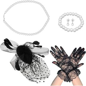 Fascinator Hats for Women Short Lace Gloves Veil Feather Kentucky Derby Hats Tea Party Hat Gloves Set 5Pcs