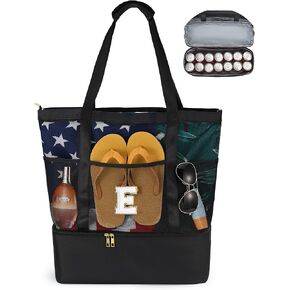 YOOLIFE Initial Beach Bags for Women Travel Beach Essentials Beach Tote Mesh Beach Swim Pool Bag Personalized Gifts for Women