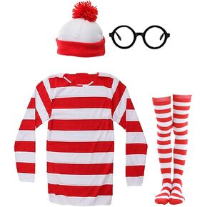 Red and White Striped Shirt Waldo Costume Women,Funny Sweatshirt Men,Wizard Glasses Hat Suits,Halloween Cosplay Shirts