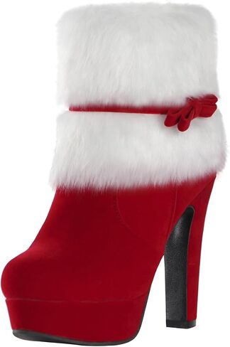 Carkuolary Women's Winter Red Fur Christmas Bow Decor Side Zipper Ankle Boots in Saudi Arabia