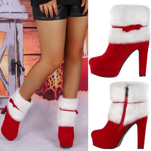 Carkuolary Women's Winter Red Fur Christmas Bow Decor Side Zipper Ankle Boots in Saudi Arabia