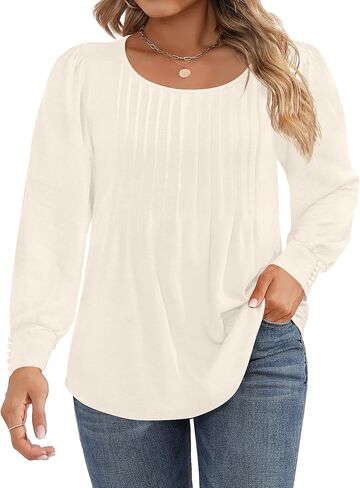 Ficerd Women's Plus Size Puff Long Sleeve Tops Pleated Crew Neck Tunic Shirts Dressy Loose Blouses Fall Winter T-Shirts 1X-5X in Saudi Arabia