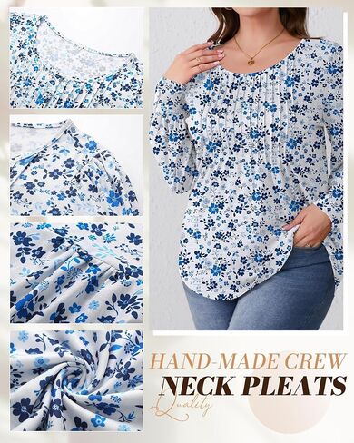 Ficerd Women's Plus Size Puff Long Sleeve Tops Pleated Crew Neck Tunic Shirts Dressy Loose Blouses Fall Winter T-Shirts 1X-5X in Saudi Arabia
