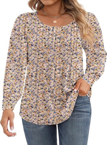 Ficerd Women's Plus Size Puff Long Sleeve Tops Pleated Crew Neck Tunic Shirts Dressy Loose Blouses Fall Winter T-Shirts 1X-5X in Kuwait