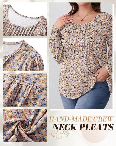 Ficerd Women's Plus Size Puff Long Sleeve Tops Pleated Crew Neck Tunic Shirts Dressy Loose Blouses Fall Winter T-Shirts 1X-5X in Kuwait