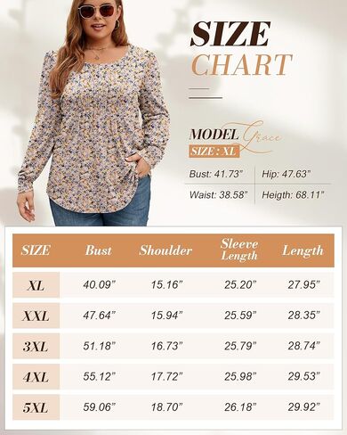 Ficerd Women's Plus Size Puff Long Sleeve Tops Pleated Crew Neck Tunic Shirts Dressy Loose Blouses Fall Winter T-Shirts 1X-5X in Kuwait