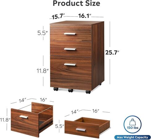 خزانة ملفات متنقلة ذات 3 أدراج من DEVAISE، خزانة ملفات خشبية تناسب حجم A4 أو Letter للمكتب المنزلي، خشب الجوز in Kuwait